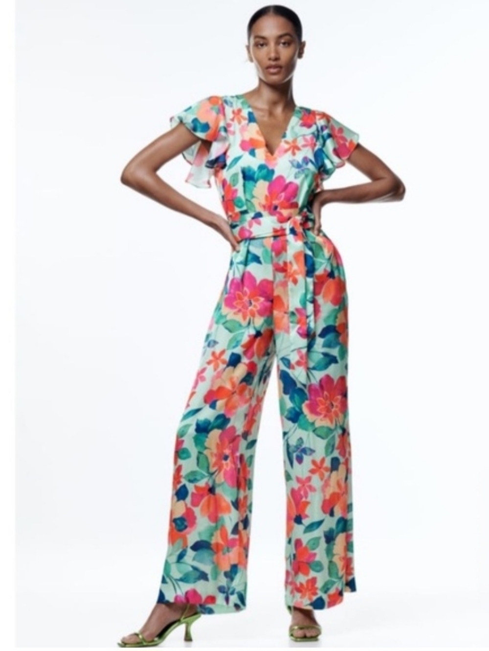 Zara Silky Floral V-Neck Wide-Leg Short Flutter Sleeve Jumpsuit Size L